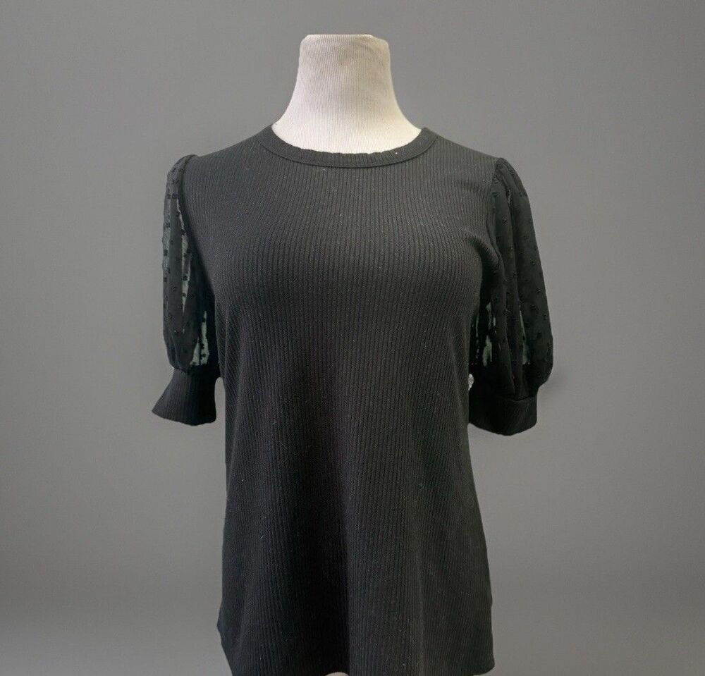 Above and Beyond Elegant Black ribbed Top with Sheer Polka Dot Sleeves Size L